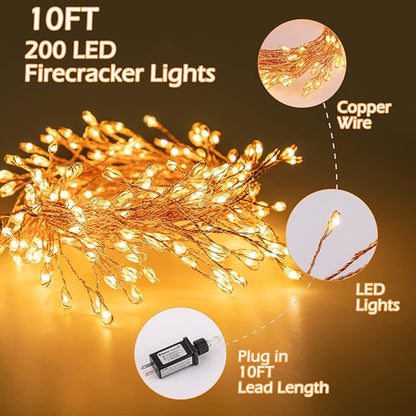 Fairy Lights Plug in, 10Ft 200LEDs String Lights with Remote, 8 Lighting Modes, Copper Wire Waterproof Firecracker Lights for Ceiling Bedroom Wreath Wedding Christmas Tree Decorations, Warm White