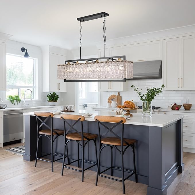 Modern Black Crystal Chandelier for Dining Room, 42" Hanging Light Fixture,Water Ripple Glass Design, Adjustable Height, Rectangle Chandelier for Living Room Kitchen Island
