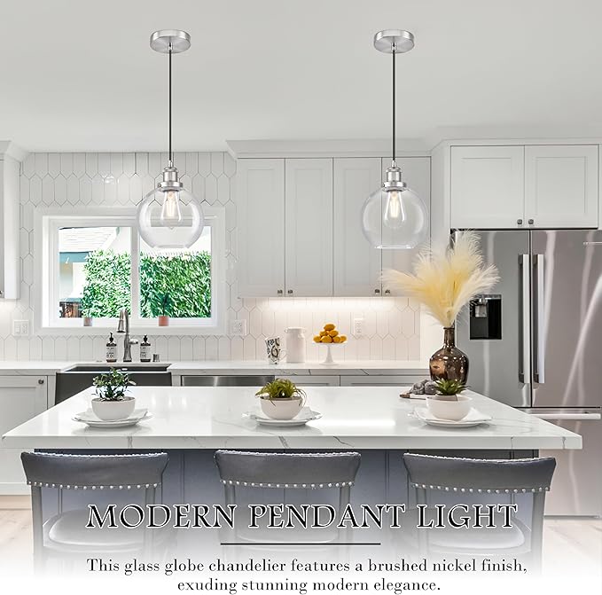 Bagood 8" Glass Pendant Light Clear Globe Pendant Lights Kitchen Island Brushed Nickel Glass Pendant Lights Kitchen Island Globe Pendant Light fixtures Pendant Light Farmhouse(Bulb Incl.)