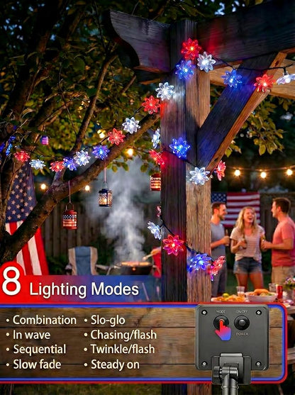 ITICdecor Solar Flower String Lights Outdoor Waterproof 50 LED Solar String Lights for Outside Decorative for Garden Fence Patio Yard Christmas Tree Lawn Party(Red White&Blue)