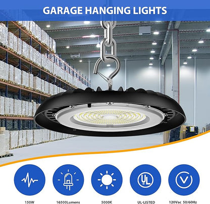 dephen UFO LED High Bay Light 150W, 5000K Plug in Shop Lights, 16,500M LED Garage Ceiling Lights with US Hook, 120VAC High Bay LED Lighting for Workshop Barn Warehouse UL-Listed