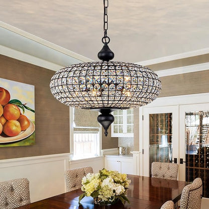 21" Black Gold Crystal Chandelier, Large Farmhouse Dining Room Light Fixture, 5-Light Vintage Crystal Hanging Chandelier for High Ceiling Living Room Kitchen Island