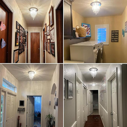 Modern 3 Light Crystal Chandelier,Silver Raindrop Crystal Ceiling Light,Small Flush Mount Ceiling Light Fixture for Hallway, Bedroom, Bathroom, Closet