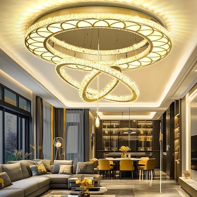 Flashing God Dia 48" Large Chandelier Crystal Gold Ceiling Light Fixtures LED Flush Mount Ceiling Light for Living Room Bedrooms Dining Room Dimmable 2700k 4500k 6000k