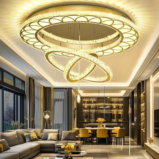 Flashing God Dia 48" Large Chandelier Crystal Gold Ceiling Light Fixtures LED Flush Mount Ceiling Light for Living Room Bedrooms Dining Room Dimmable 2700k 4500k 6000k