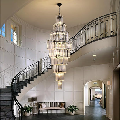 Modern Black Crystal Staircase Chandelier 9-Tier Large Foyer Chandelier for High Ceiling, Long Entryway Chandeliers Adjustable Chain for Entrance Hall Living Room Dia 23.7" x H 69" 20 Lights