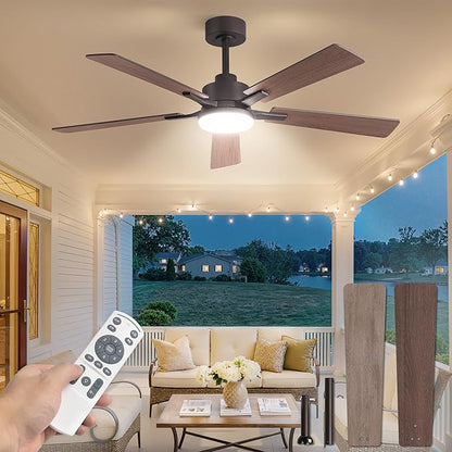52 Inch Ceiling Fan with Light and Remote, 6 Speeds Reversible DC Motor Ceiling Fans for Bedroom Living Room Patio, 3CCT Dimmable LED, 5 Wood Blades, Downrod Mount, Sloped Ceiling Compatible
