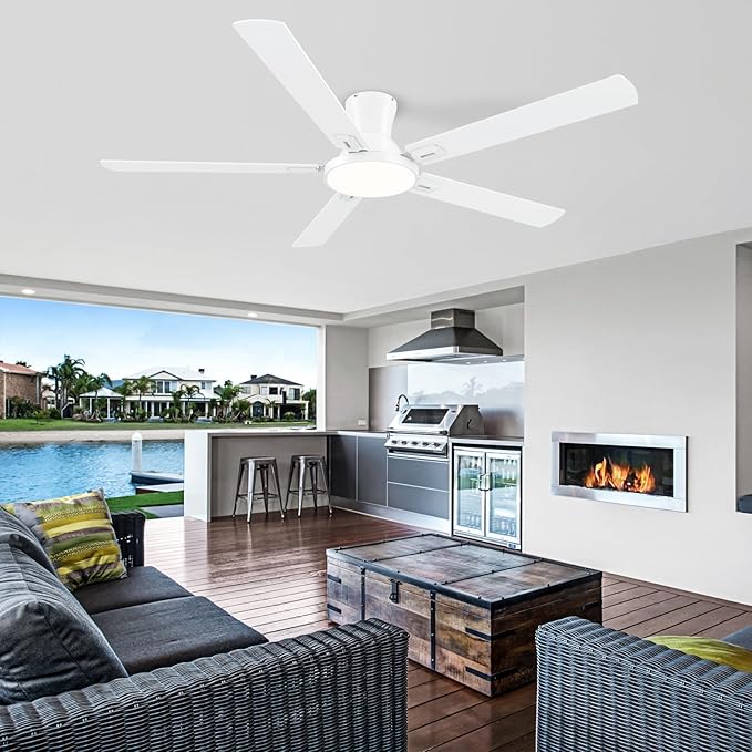 60 Inch White Ceiling Fans with Lights and Remote, Flush Mount Low Profile 5 Blades Ceiling Fan with 10 Inch Lighting Fixture, Quiet Reversible DC Motor for Living Room, Bedroom and Patio