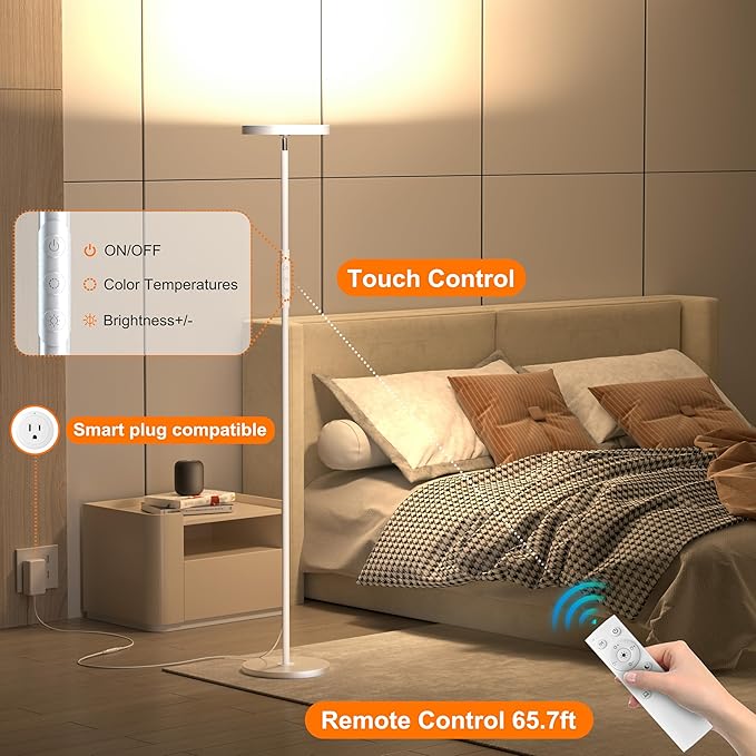 Yikuneng Super Bright Floor Lamp for Living Room, Stepless Dimmable LED Standing Lamp with Remote and Touch Control, 69” Tall Torchiere Corner Lamp for Bedroom Office Hotel, White