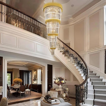 Luxury Gold Crystal Chandelier for High Ceiling, 32" 7-Tier Long Crystal Chandeliers, Adjustable Height Chandelier for Foyer, Villa, Staircase, Entryway