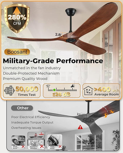 72" Ceiling Fans Without Lights, 72 inch Ceiling Fan No Light, High CFM Quiet 3 Blade Wood Walnut Ceiling Fan, Large Modern Outdoor Fan with Remote, Propeller Outdoor Ceiling Fans for Patios