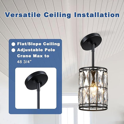 Modern Crystal Pendant Light Fixture 3-Pack Matte Black Finish Hanging Lighting Crystal Chandelier for Living Room, Kitchen, Hallway