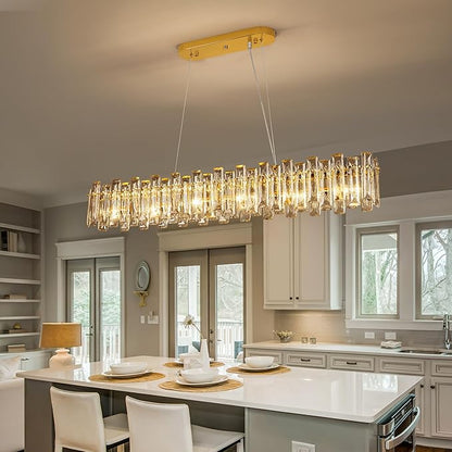 Modern Luxury Rectangular K9 Crystal Chandelier for Dining Room Living Room Kitchen Island Entryway Foyer L43 Easy Install Adjustable Hight 6-Light Ceiling Hanging Light Fixture Gold