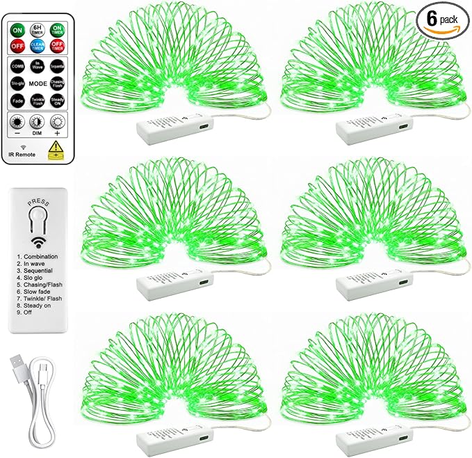 HXWEIYE 6 Pack Rechargeable Fairy Lights Battery Operated with Remote & DIY Timer, 7ft 20LED Mini Twinkle String Light for Mason Jar DIY Wedding Table Centerpieces Party Bedroom Christmas (Green)