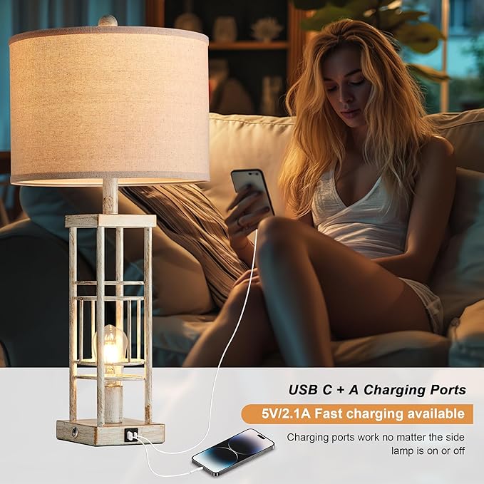Reaketon Table Lamp for Living Room Set of 2 with USB C+A & Bulbs, 3-Way Dimmable 27.6" Farmhouse End Lamps, Rustic Bedside Lamp for End Tables, Industrial Nightstand Lamps for Bedroom