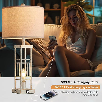 Reaketon Table Lamp for Living Room Set of 2 with USB C+A & Bulbs, 3-Way Dimmable 27.6" Farmhouse End Lamps, Rustic Bedside Lamp for End Tables, Industrial Nightstand Lamps for Bedroom