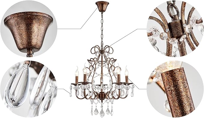 Saint Mossi 5-Lights Crystal Chandelier for Dining Room, Farmhouse Chandelier Style, K9 Crystal Pendant Light Rustic Lighting Fixture for Living Room, H24 x D23, Chain Adjustable