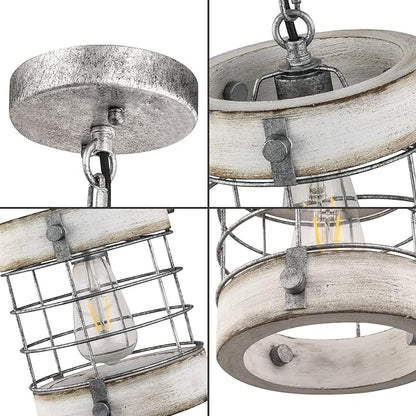 Retro Industrial Metal and Wood Chandelier 1-Light Round Cage Pendant Light Fixture for Kitchen Island Foyer Hallway Bar Dining Room Restaurant, D 7.9" x H 8.7" (White)