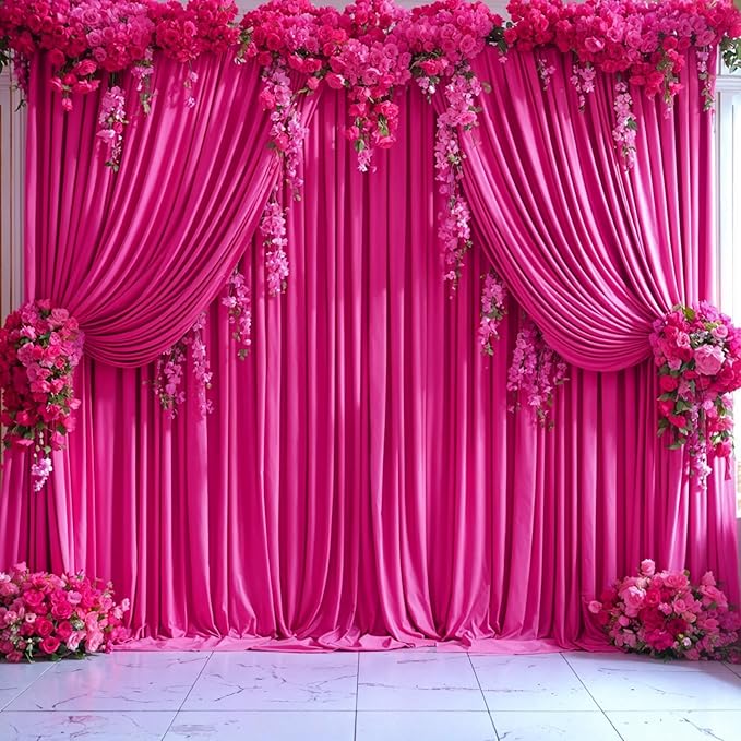 4 Panels Hot Pink Backdrop Curtains for Wedding Party Wrinkle Free Backdrop Curtain Drapes Fabric Decoration Fuchsia Photo Back Drop Cloth for Baby Shower Photography Stage Reception 20ft(W) x 12ft(H)