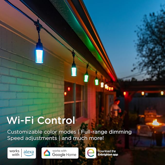 Enbrighten Vibe Modern Outdoor String Lights, 48ft, 24 RGBWIC Acrylic Bulbs, Weatherproof, Perfect for Gameday, Holidays, and More, Smart App Control, Compatible with Alexa, Google Home, 84013
