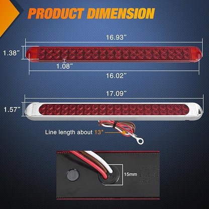 Nilight LED Tail Light 2PCS 17 Inch 40LED Red Running Tail Stop Brake Lights w/Chrome Bezel Waterproof Surface Mount for 12V Towing Trailer Truck RV Camper Boat
