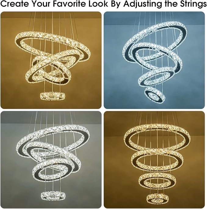 Modern Crystal Chandelier, Dimmable 4 Rings LED Linear Chandelier Dining Room Light Fixture with Remote for Entryway, Bedroom,Living Room and Foyer