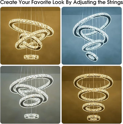 Modern Crystal Chandelier, Dimmable 4 Rings LED Linear Chandelier Dining Room Light Fixture with Remote for Entryway, Bedroom,Living Room and Foyer