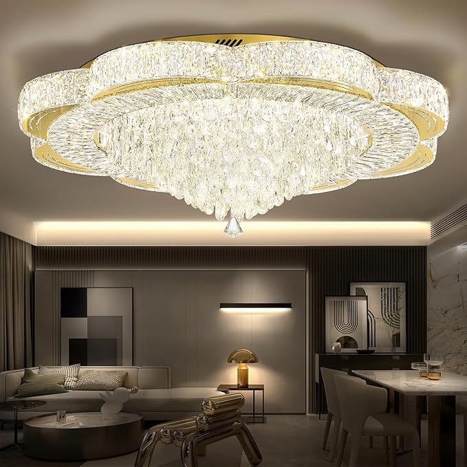 Modern Crystal Chandelier for Living Room 40in Gold Crystal Raindrop Ceiling Light for Room Bedroom LED Dimmable 3000-6000K