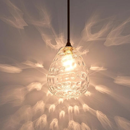 Transparent Clear Hammered Glass Pendant Light with Brass Gold Accent, Adjustable Hanging Lamp for Kitchen, Dining Room, and Living Room