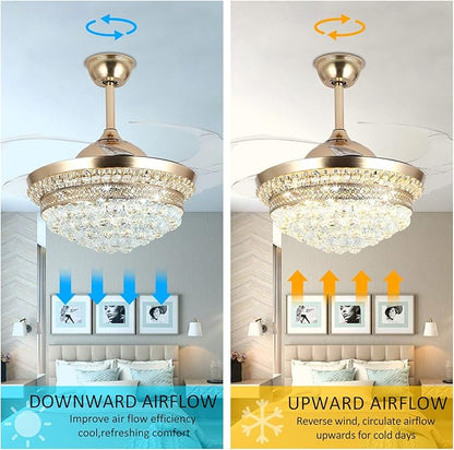 42" Invisible Ceiling Fan Chandelier with Light,Modern Crystal Ceiling Fan Light Remote Control 4 Retractable ABS Blades for Bedroom Living Dining Room Decoration (Golden)