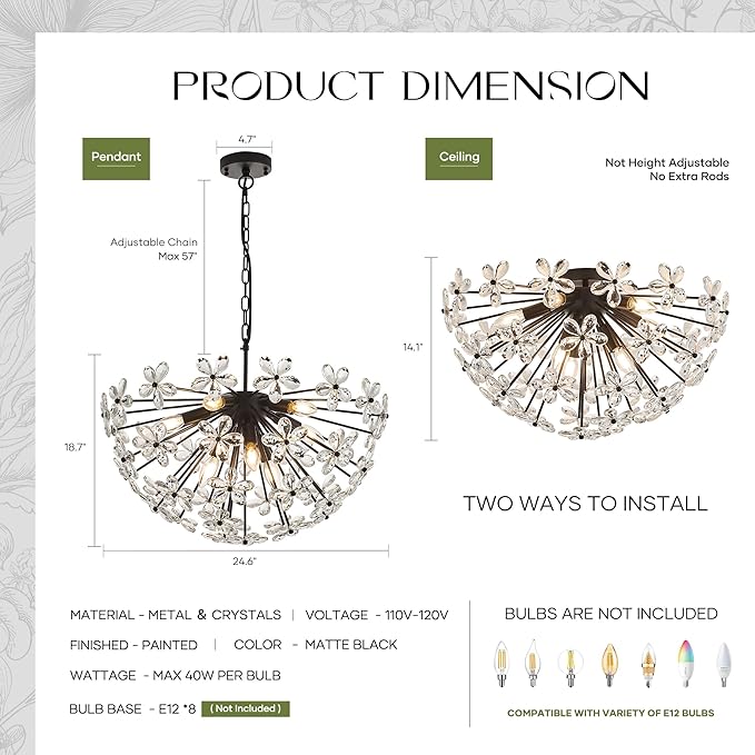 24" Modern Black Crystal Sputnik Chandelier for Dining Living Room Glam Luxury Petal Semicircle Chandelier 8-Light for Foyer Hallway Elegant Pendant Ceiling Light Fixture for Kitchen Bedroom