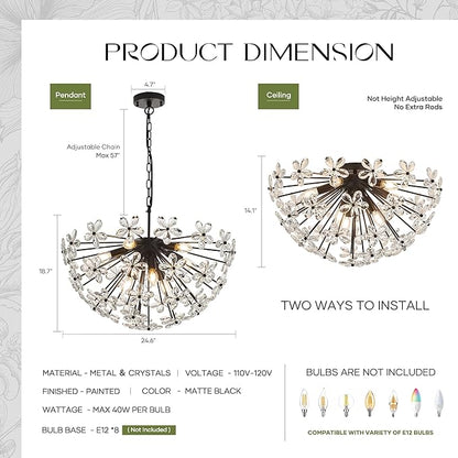24" Modern Black Crystal Sputnik Chandelier for Dining Living Room Glam Luxury Petal Semicircle Chandelier 8-Light for Foyer Hallway Elegant Pendant Ceiling Light Fixture for Kitchen Bedroom