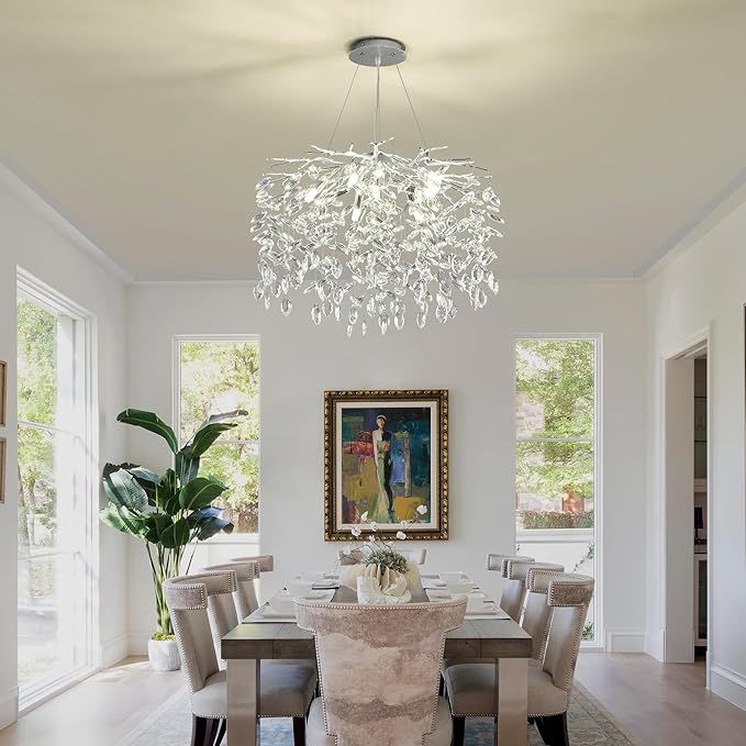 Modern Silver Crystal Tree Branch Chandelier, Art Deco Raindrop Lighting Fixture for Dining Room Living Room 9 Lights D23.7''