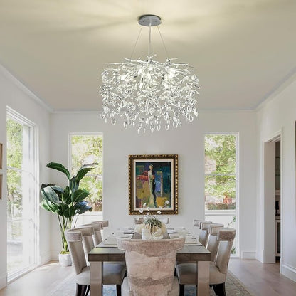 Modern Silver Crystal Tree Branch Chandelier, Art Deco Raindrop Lighting Fixture for Dining Room Living Room 9 Lights D23.7''