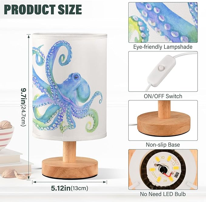 Watercolor Octopus with Tentacle Blue Purple Pastel Color Table Lamp with Wood Base Fabric Lamp Shade Bedside Nightstand Desk Lamp for Living Room Bedroom Kids Room Office
