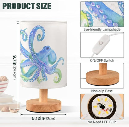 Watercolor Octopus with Tentacle Blue Purple Pastel Color Table Lamp with Wood Base Fabric Lamp Shade Bedside Nightstand Desk Lamp for Living Room Bedroom Kids Room Office