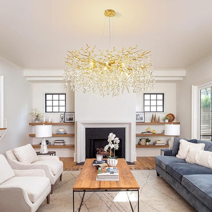 Modern Tree Branch Crystal Chandelier 40" Gold Luxury Large Pendant Lighting 15-Light Contemporary K9 Crystal Chandeliers for Dining Room Kitchen Living Room Foyer Entryway (Gold, D40-Round)