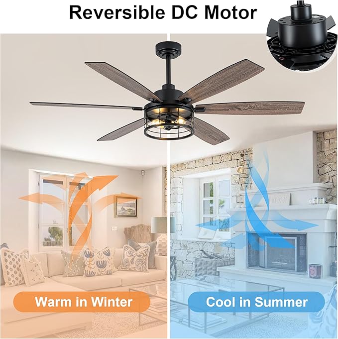 Farmhouse Ceiling Fan with Lights and Remote Large Rustic Ceiling Fan Caged Fandelier Industrial Chandelier Light, Reversible Quiet DC Motor 6 Speed for Indoor Outdoor (Industrial, 60 Inch)