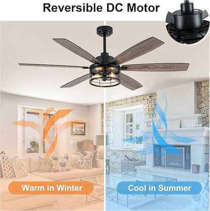 Farmhouse Ceiling Fan with Lights and Remote Large Rustic Ceiling Fan Caged Fandelier Industrial Chandelier Light, Reversible Quiet DC Motor 6 Speed for Indoor Outdoor (Industrial, 60 Inch)