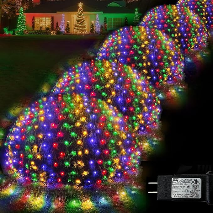 Christmas Net Lights, 610 LED Large Outdoor Net Mesh Lights 34.5X 5ft, 8 Modes Waterproof Twinkle String Lights Connectable for Bushes Christmas Yard Decor, Colorful