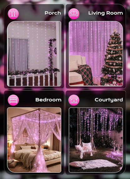Brightown 300 LED Pink Fairy Curtain Lights, 9.8ft x 9.8ft String Lights, USB Plug in 8 Lighting Modes Christmas String Hanging Lights with Remote for Bedroom Indoor Outdoor Party Xmas Pink 1 Pack