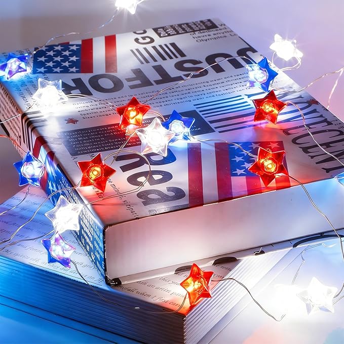 WATERGLIDE 2 Pack 4th of July String Lights, 16FT 50LED Red White and Blue Patriotic Star Lights, Battery Operated with 8 Modes & Timer, Waterproof Indoor Outdoor for Memorial Day Independence Day