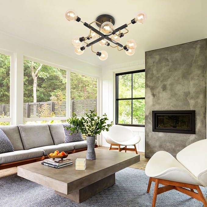 Depuley Sputnik Chandelier with Globe Glass: 12-Light Black and Gold Ceiling Light Fixture for Living Room Bedroom - Vintage Hanging Bubble Chandeliers for Dining Room Office (Included G9 Bulbs)