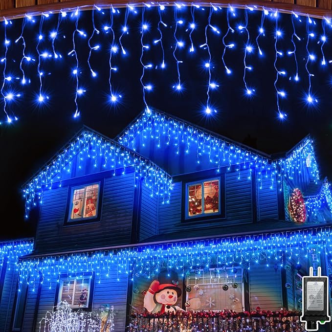504LED 50ft Christmas Lights, 112Drops 12 Modes Blue Christmas String Lights Outdoor Dimmable, Waterproof Christmas Decoration Fairy Lights with Timer for Eaves Indoor Party Patio Window Fence Blue