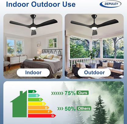 Depuley 52-Inch Ceiling Fan with Light: Black 3 Blade Outdoor Fans for Patios - Dimmable Indoor Fan with Remote Control Living Room Fandelier Ceiling Fans Ultra Quiet DC Motor Reversible 6 Speed Timer