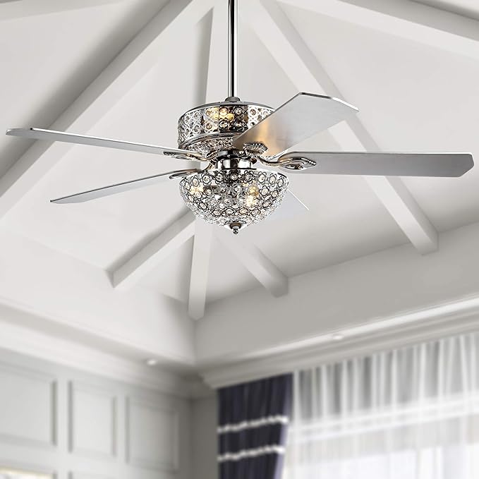 JONATHAN Y 52" Chrome 6-Light Iron and Wood Ceiling Fan, Modern Glam Filigree Dome, 5 Reversible Silver/White Blades, Remote Control, ETL Listed, LED Bulbs Included JYL9602A