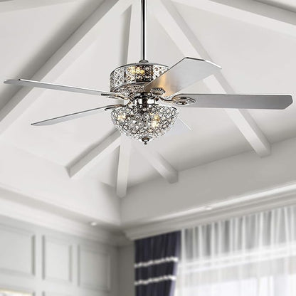 JONATHAN Y 52" Chrome 6-Light Iron and Wood Ceiling Fan, Modern Glam Filigree Dome, 5 Reversible Silver/White Blades, Remote Control, ETL Listed, LED Bulbs Included JYL9602A