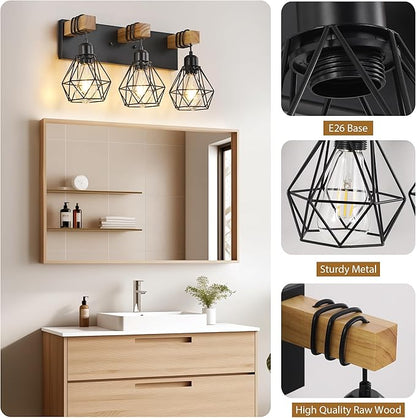Farmhouse Vanity Light for Bathroom, 3-Light Wood Bathroom Vanity Light Fixtures Over Mirror, Rustic Sconces Wall Lighting with Metal Lampshade for Living Room, Bedroom, Hallway