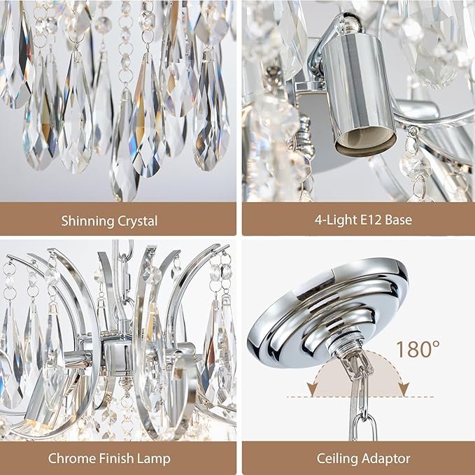 Modern Crystal Chandelier Ceiling Light Fixture, 4-Light Pendant Ceiling Hanging Lamp for Dining Living Room Bedroom Kitchen, 16" Chrome Chandelier