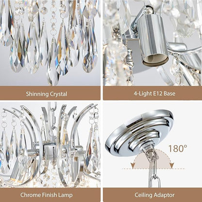 Modern Crystal Chandelier Ceiling Light Fixture, 4-Light Pendant Ceiling Hanging Lamp for Dining Living Room Bedroom Kitchen, 16" Chrome Chandelier